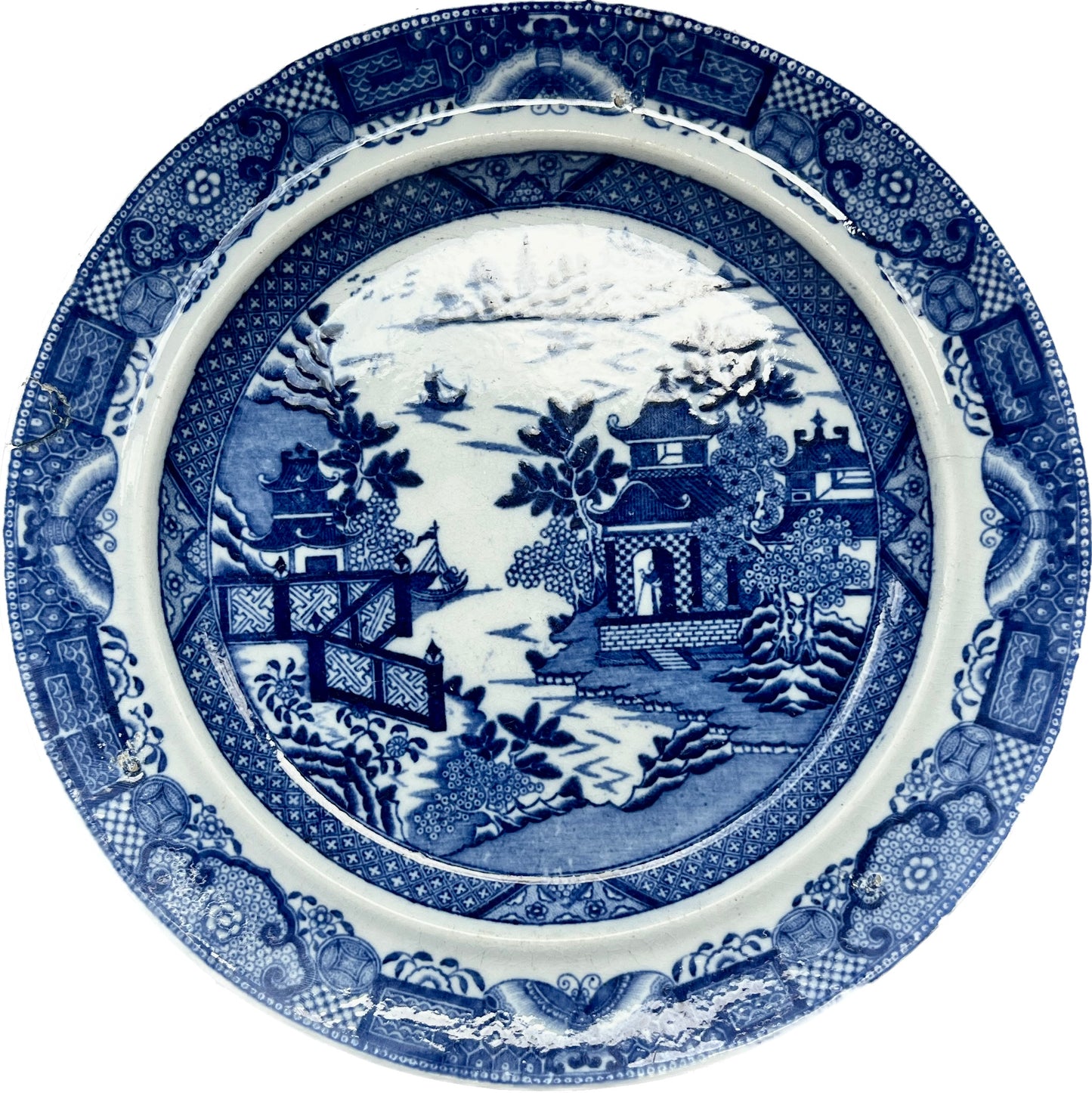 Antique early to mid 19th century English Blue Willow pattern plate,  early Staffordshire or Burslem