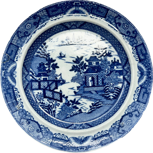 Antique early to mid 19th century English Blue Willow pattern plate,  early Staffordshire or Burslem