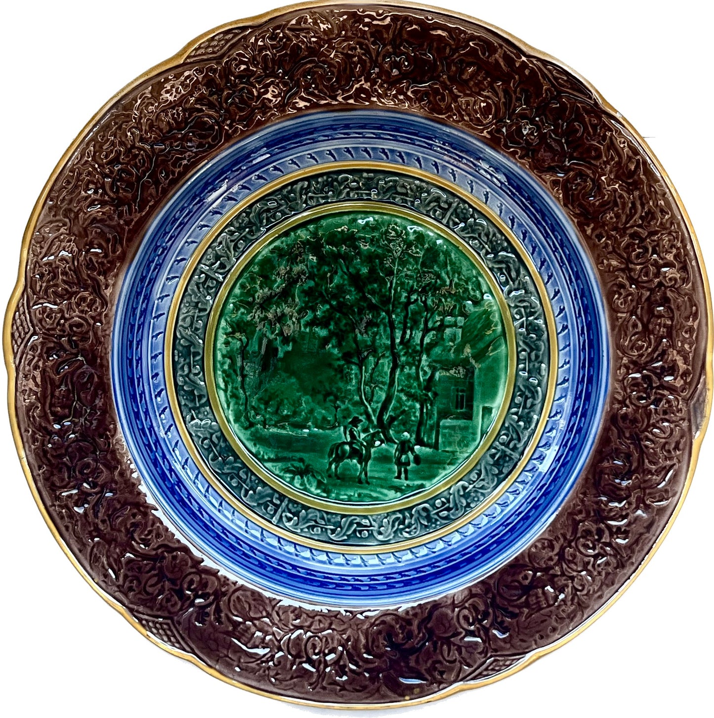 Antique Victorian Wedgwood green and brown majolica plate with country house scene, circa mid to late 19th century