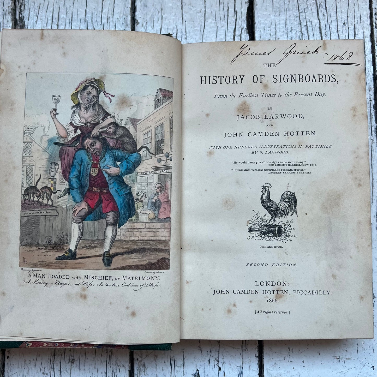 2nd edition “The History of Signboards, From the Earliest Times to the Present Day” by Jacob Larwood & John Camden Hotten. Rare early Melbourne marbled and half leather binding.