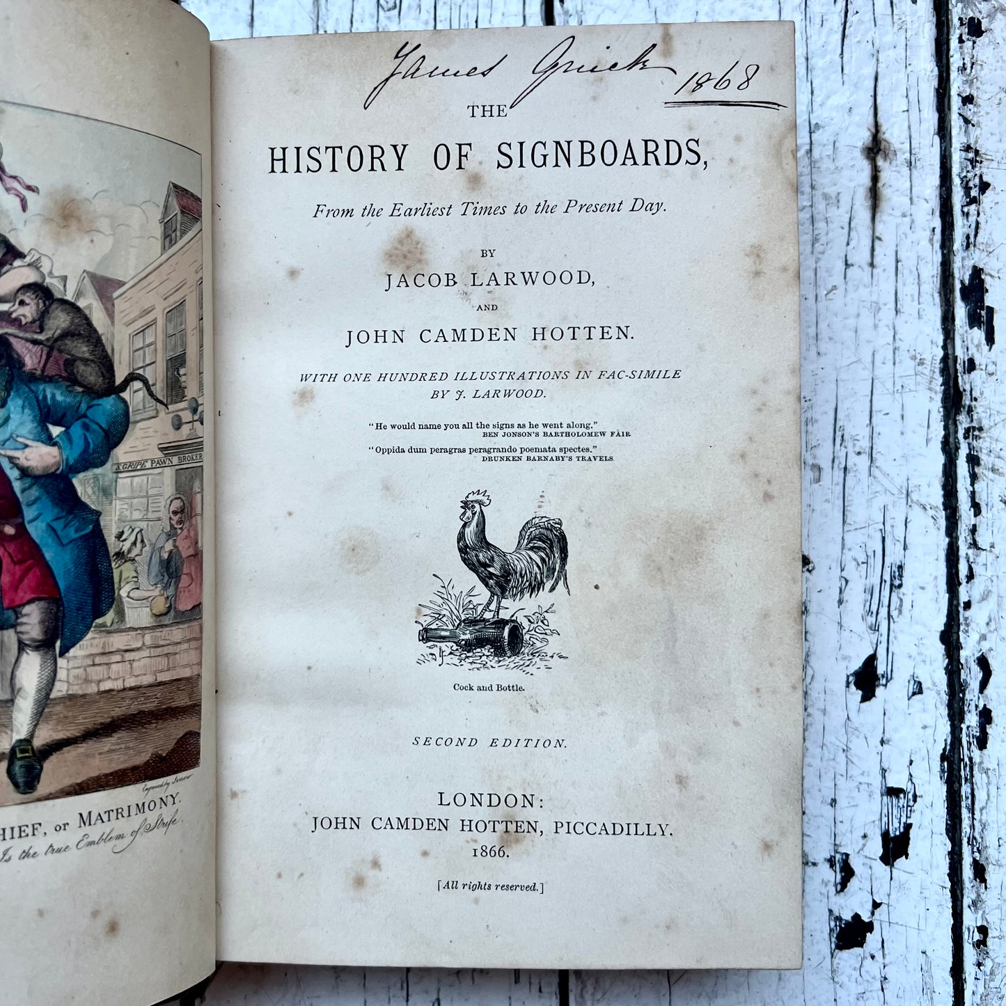 2nd edition “The History of Signboards, From the Earliest Times to the Present Day” by Jacob Larwood & John Camden Hotten. Rare early Melbourne marbled and half leather binding.