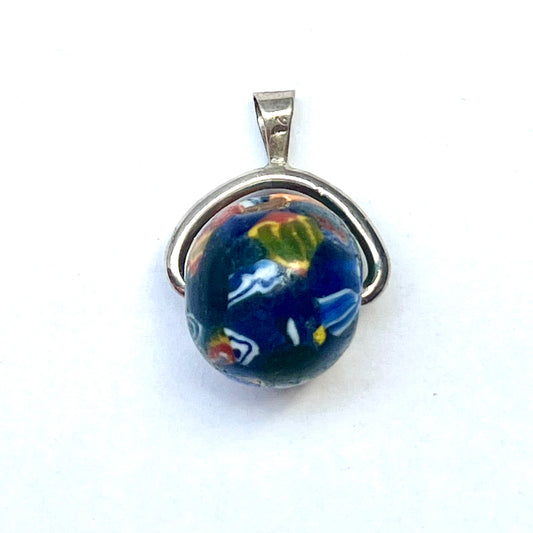 Antique 19th century Venetian Trade Bead Pendant with Sterling Silver Swivel Fob Setting, Slag Glass End of Day Style