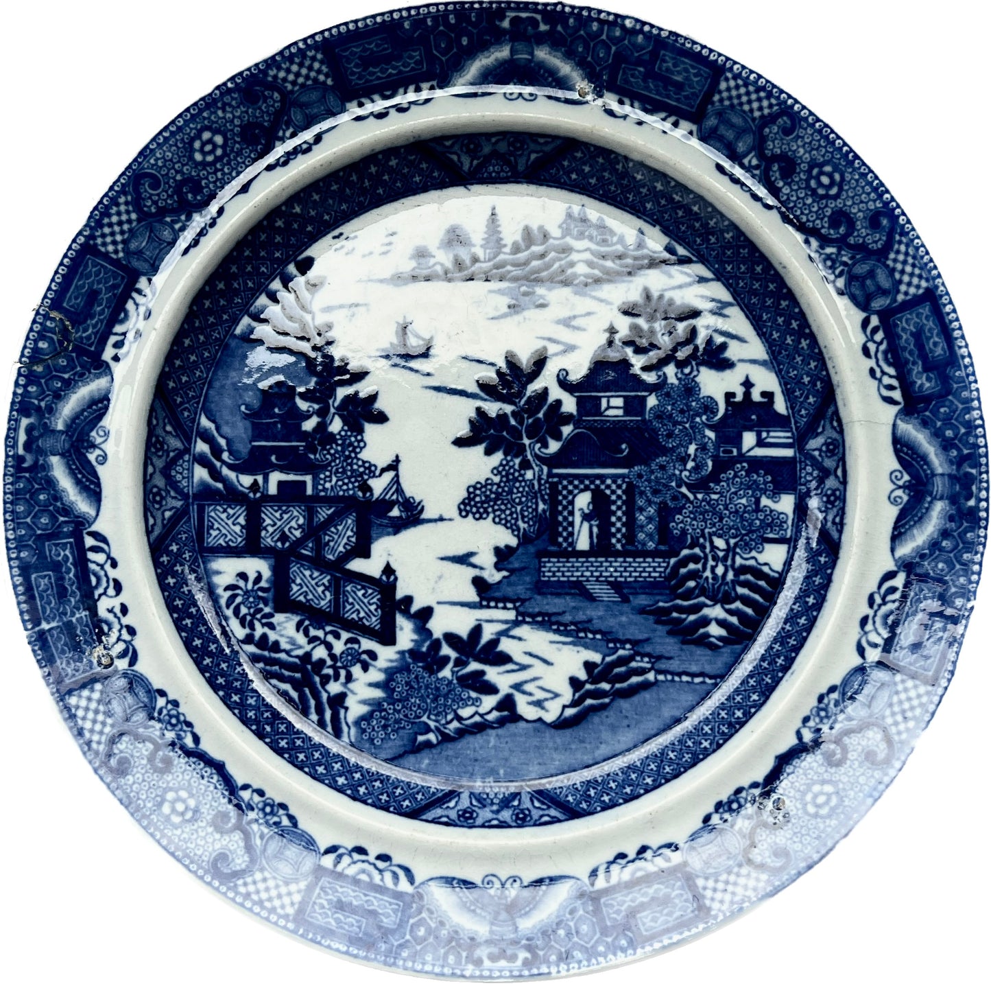 Antique early to mid 19th century English Blue Willow pattern plate,  early Staffordshire or Burslem