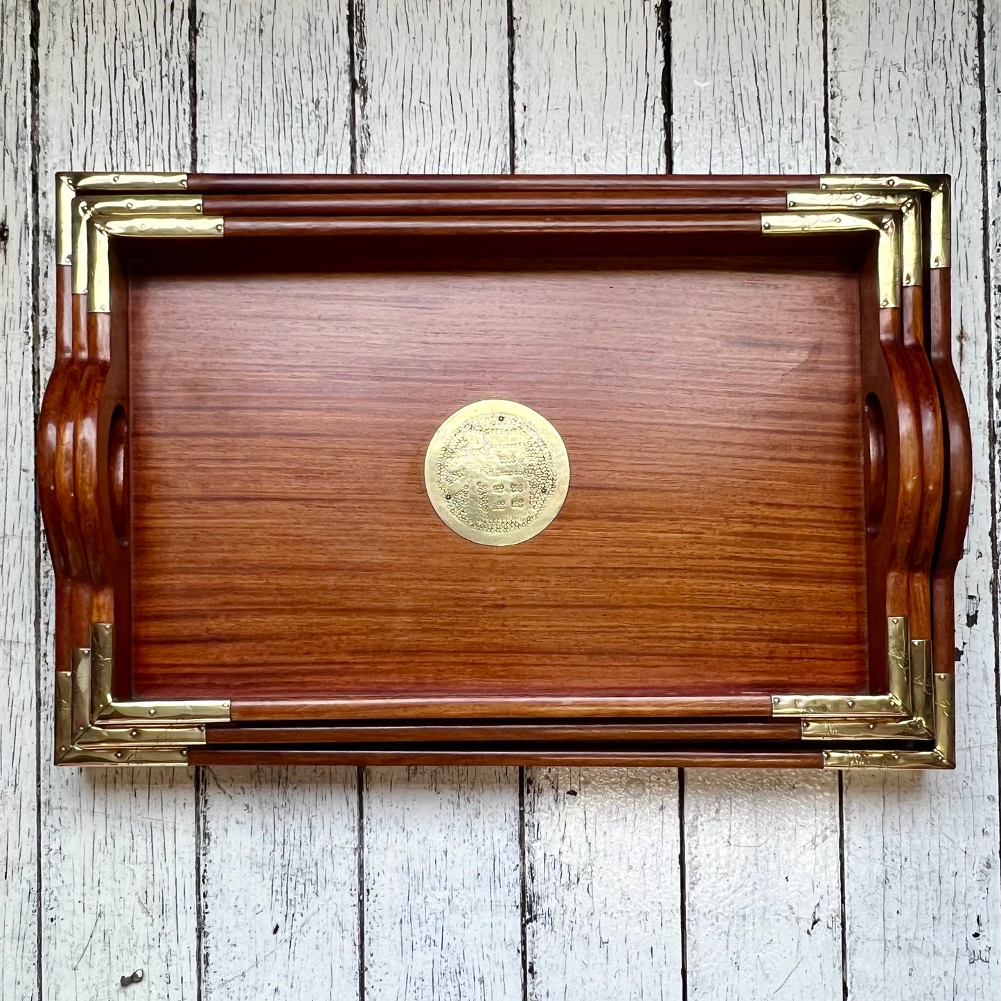 Set of three vintage midcentury Chinese rosewood and brass nesting trays