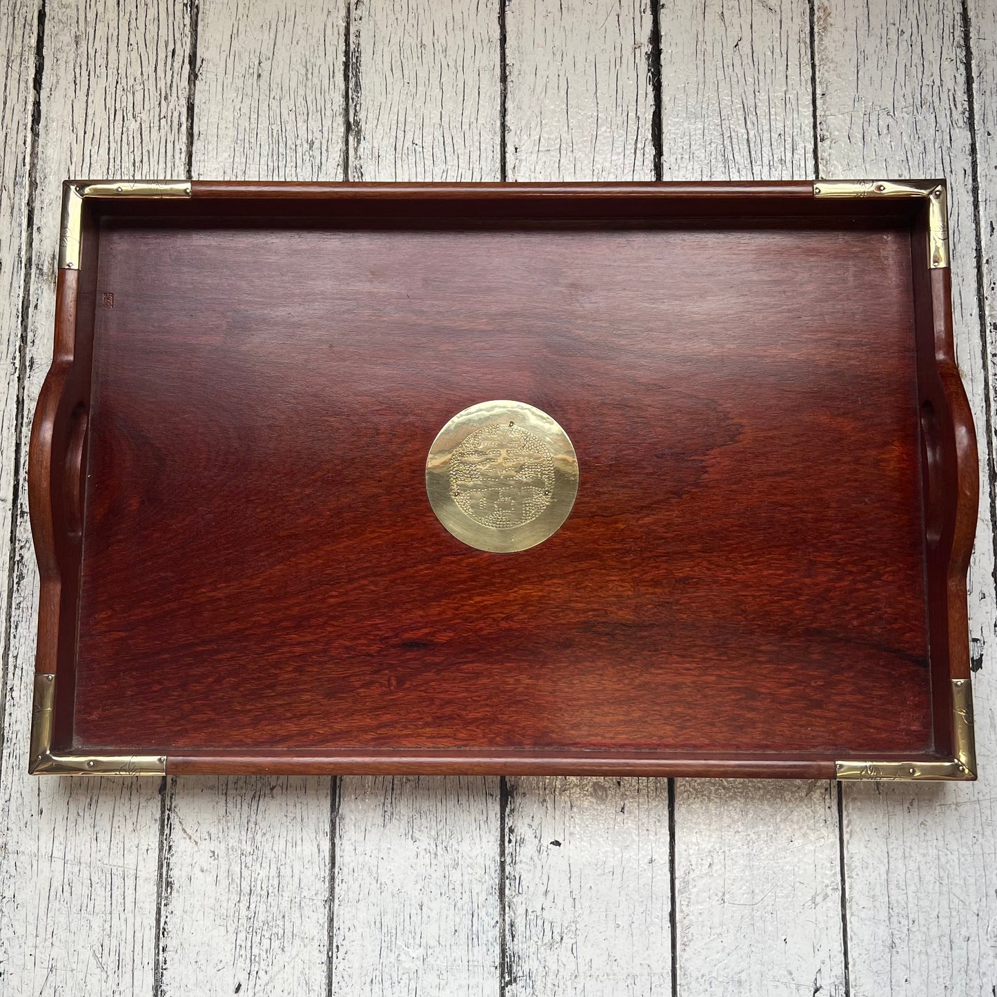 Set of three vintage midcentury Chinese rosewood and brass nesting trays