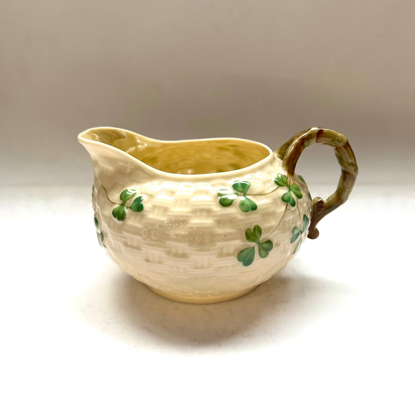 Antique Belleek Creamer Jug, Shamrock Basketweave Pattern, 2nd Black Mark Period / Slater, 1896 to 1926