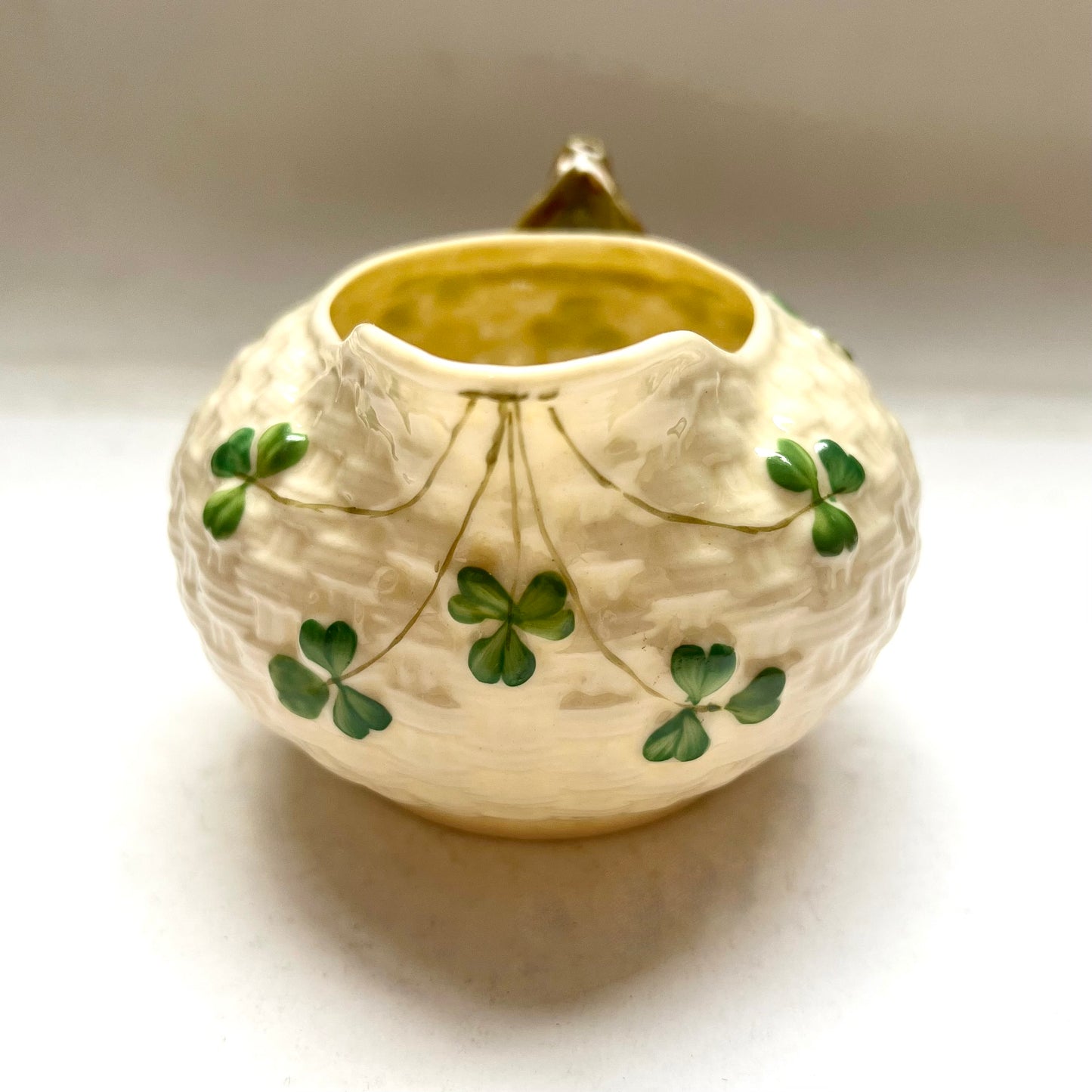 Antique Belleek Creamer Jug, Shamrock Basketweave Pattern, 2nd Black Mark Period / Slater, 1896 to 1926