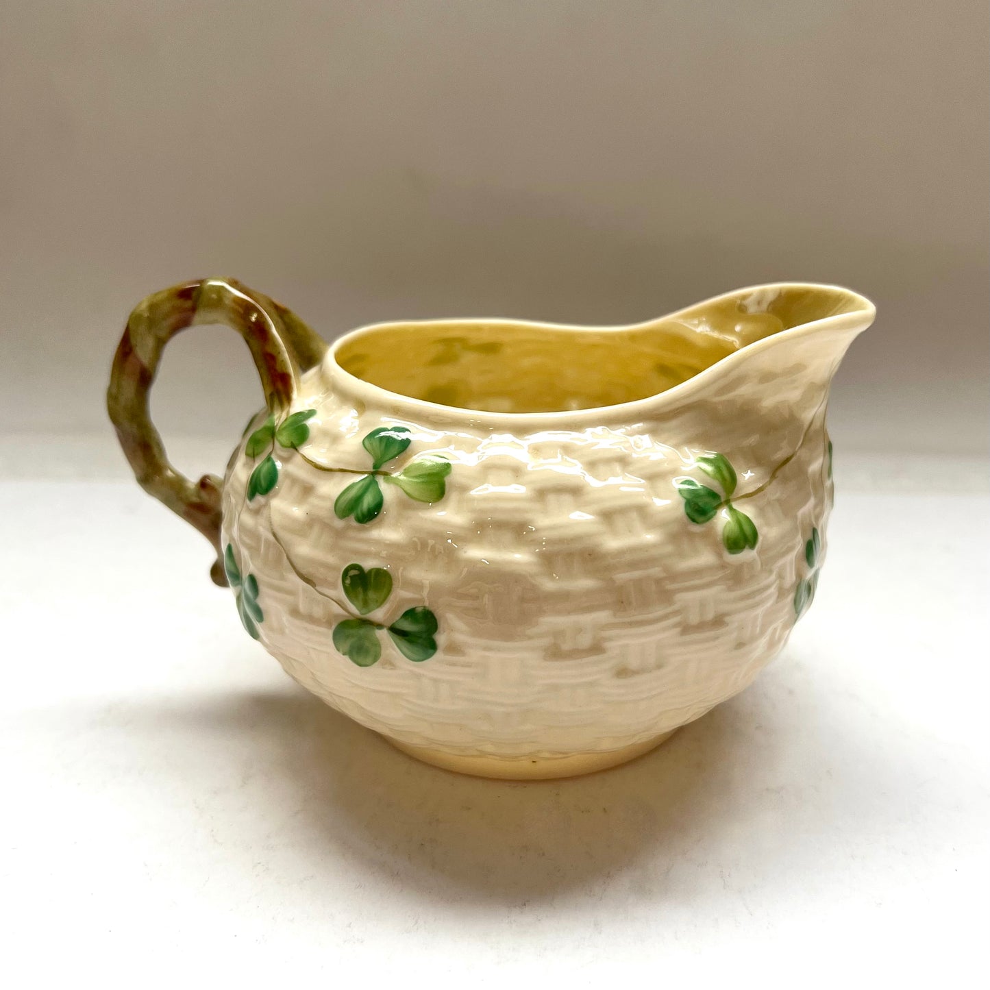 Antique Belleek Creamer Jug, Shamrock Basketweave Pattern, 2nd Black Mark Period / Slater, 1896 to 1926