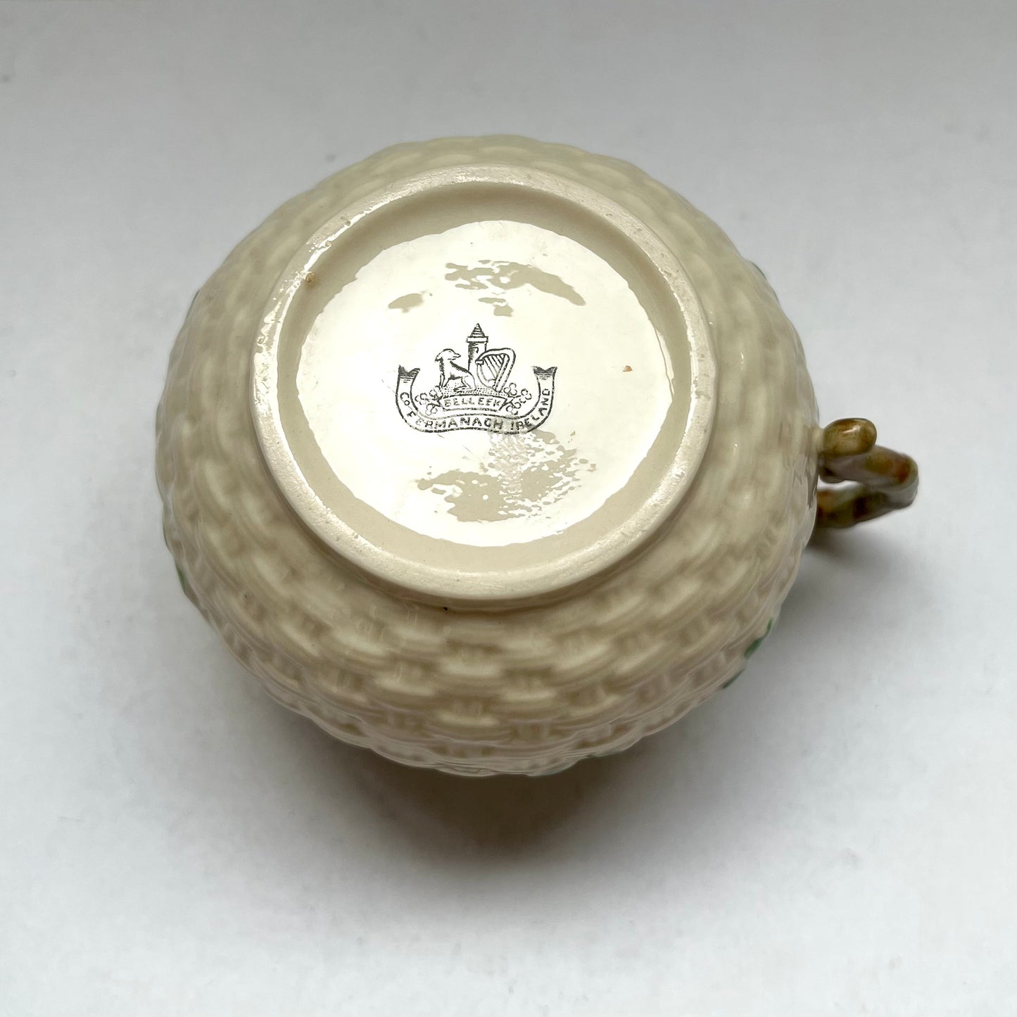 Antique Belleek Creamer Jug, Shamrock Basketweave Pattern, 2nd Black Mark Period / Slater, 1896 to 1926