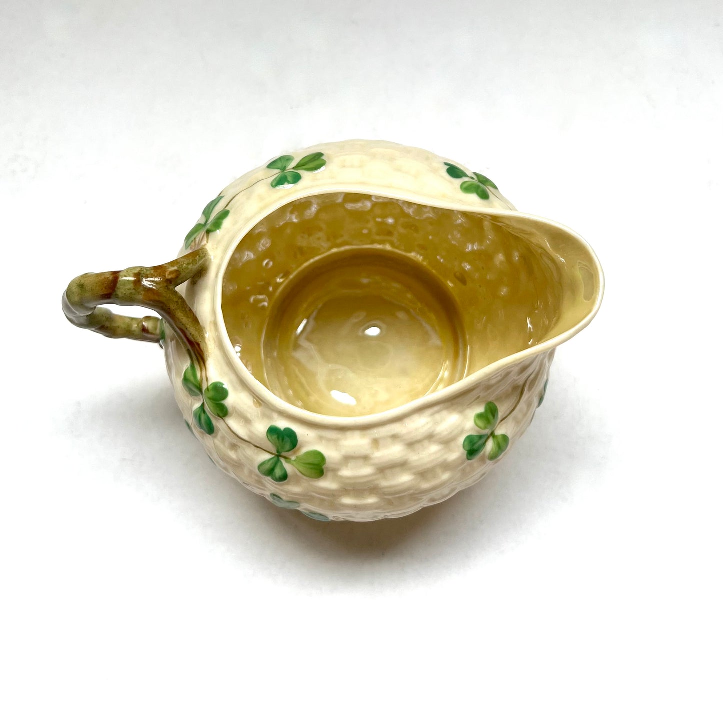 Antique Belleek Creamer Jug, Shamrock Basketweave Pattern, 2nd Black Mark Period / Slater, 1896 to 1926