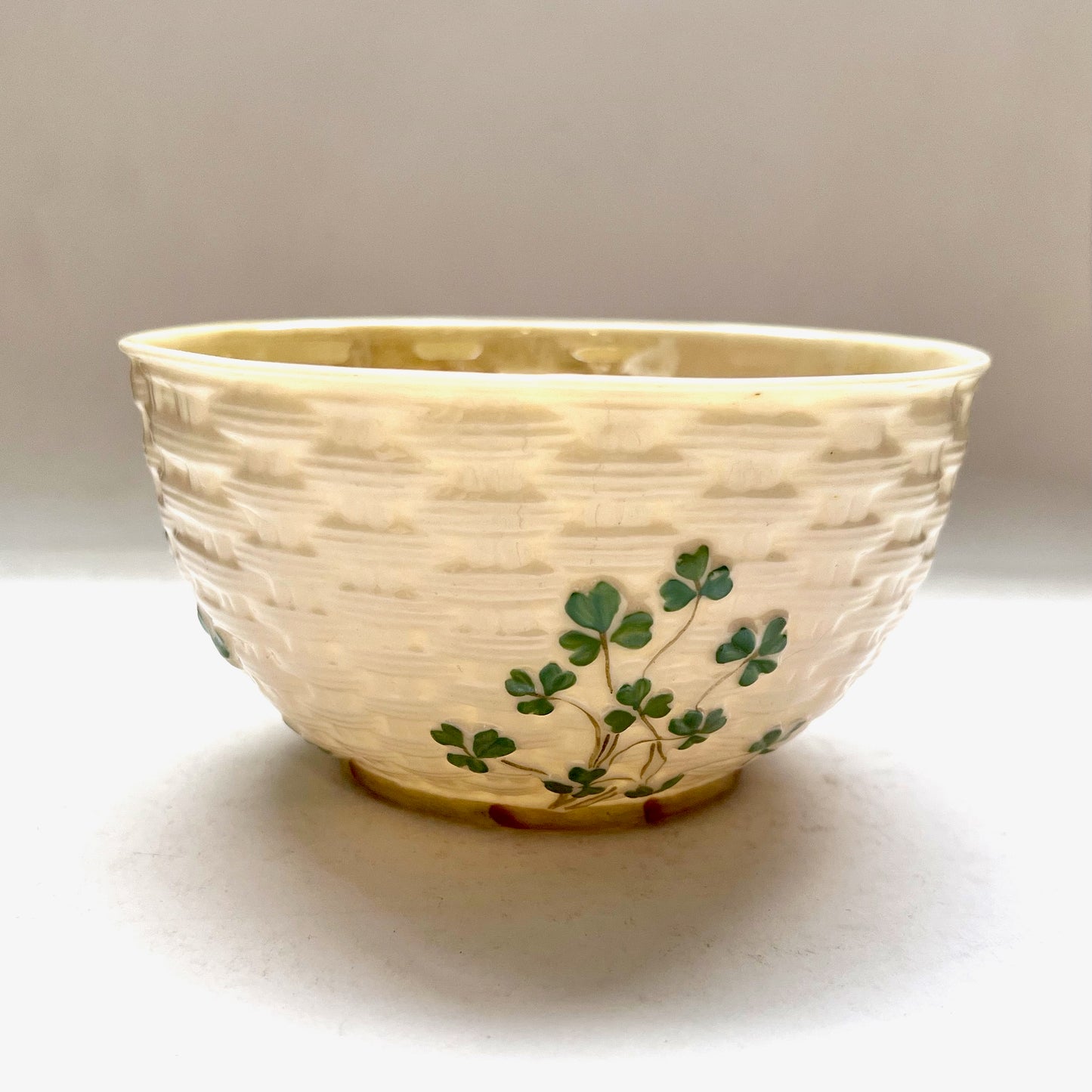 Antique Belleek Tea Waste Bowl, Shamrock Basketweave Pattern, 2nd Black Mark Period / Slater, 1896 to 1926