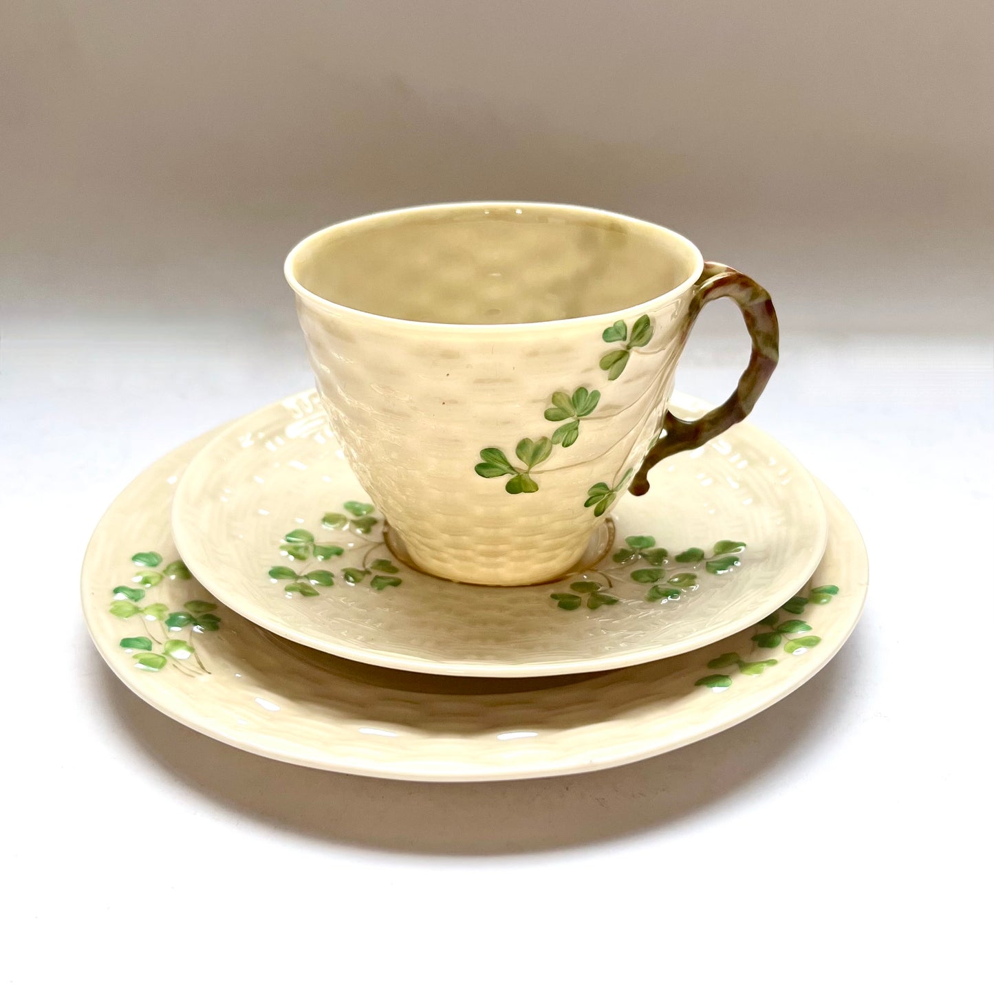 Antique Belleek Teacup Trio, Shamrock Basketweave Pattern, 2nd Black Mark Period / Slater, 1896 to 1926