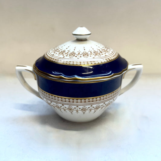 Lovely Vintage Royal Worcester Lidded Sugar Bowl in Regency Blue, Cobalt and Gilt Discontinued Pattern