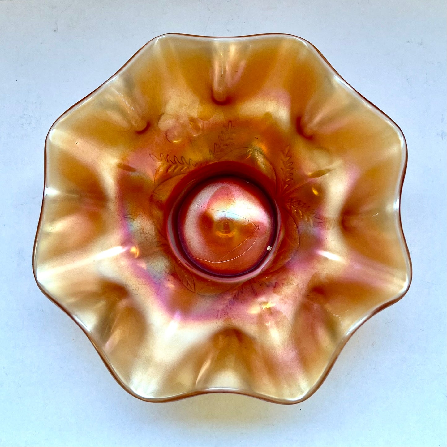 Antique marigold carnival glass candy dish, Floral Pattern