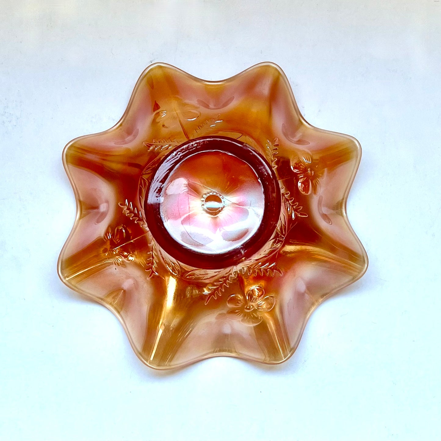 Antique marigold carnival glass candy dish, Floral Pattern