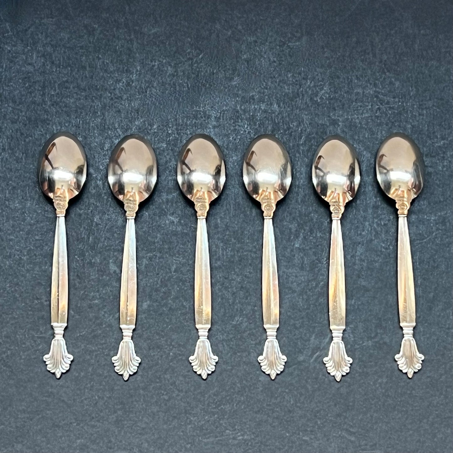 Vintage Georg Jensen Set of 6 small tea or demitasse sterling silver spoons, Acanthus Design