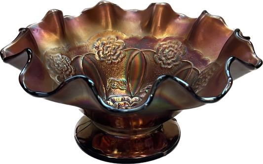 Antique Dugan amethyst carnival glass tri-footed comport, Double Stem Rose pattern, 1910s.