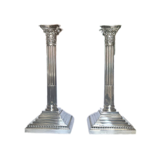 Pair of large antique Edwardian sterling silver Corinthian column candlesticks