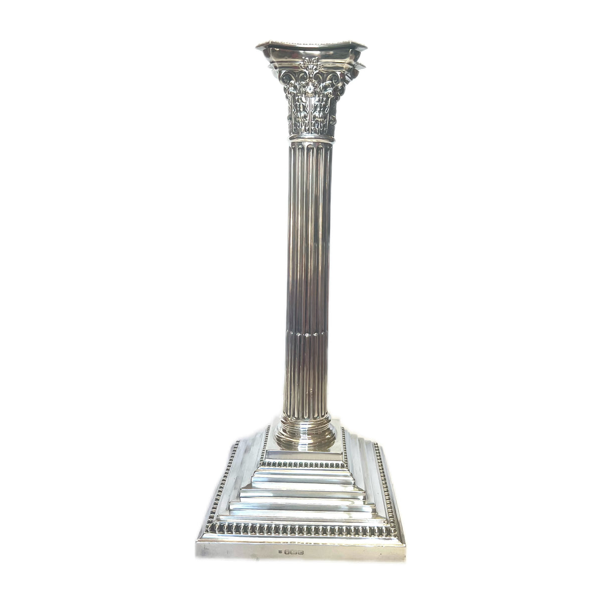 Pair of large antique Edwardian sterling silver Corinthian column candlesticks