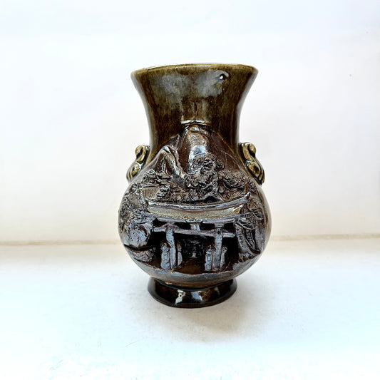 Antique "Banko Ware" Japanese Earthenware Vase w Pagoda Motif, Miyajima Pottery