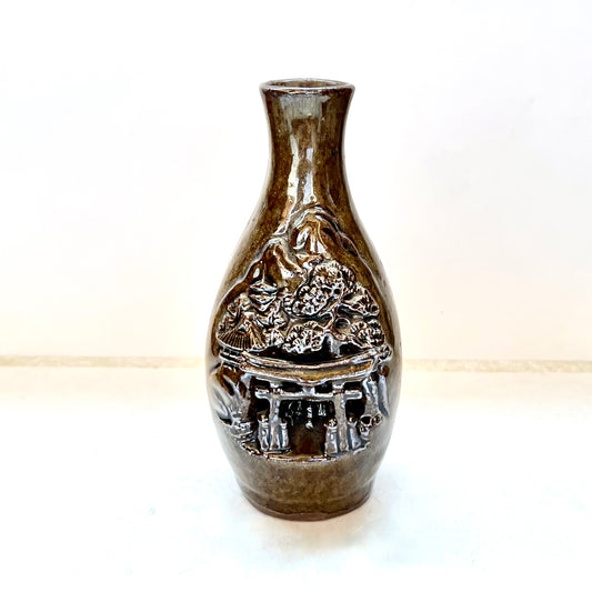 Antique "Banko Ware" Japanese Earthenware Sake Decanter or Vase w Pagoda Motif, Itsukushima Shrine Kiln, Miyajima Pottery