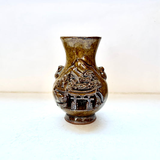 Antique "Banko Ware" Japanese Earthenware Vase w Pagoda Motif, Itsukushima Shrine Kiln, Miyajima Pottery