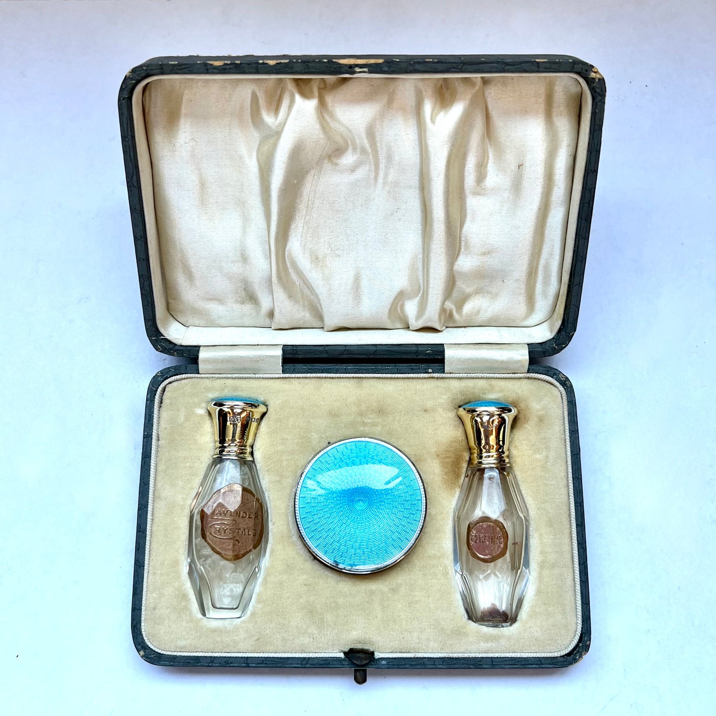 Antique Art Deco Teal Blue Guilloche enamel & Gilt on Sterling SIlver Travel Toiletry Set. Lavender Crystals, Perfume Bottle and Loose Powder Puff Compact