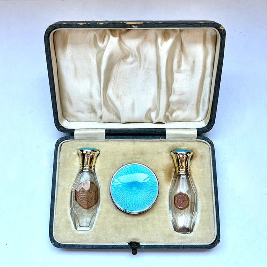 Antique Art Deco Teal Blue Guilloche enamel & Gilt on Sterling SIlver Travel Toiletry Set. Lavender Crystals, Perfume Bottle and Loose Powder Puff Compact