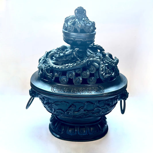 Large and substantial vintage near antique Dragon and Phoenix Chinese bronze censer, likely early to mid 20th century