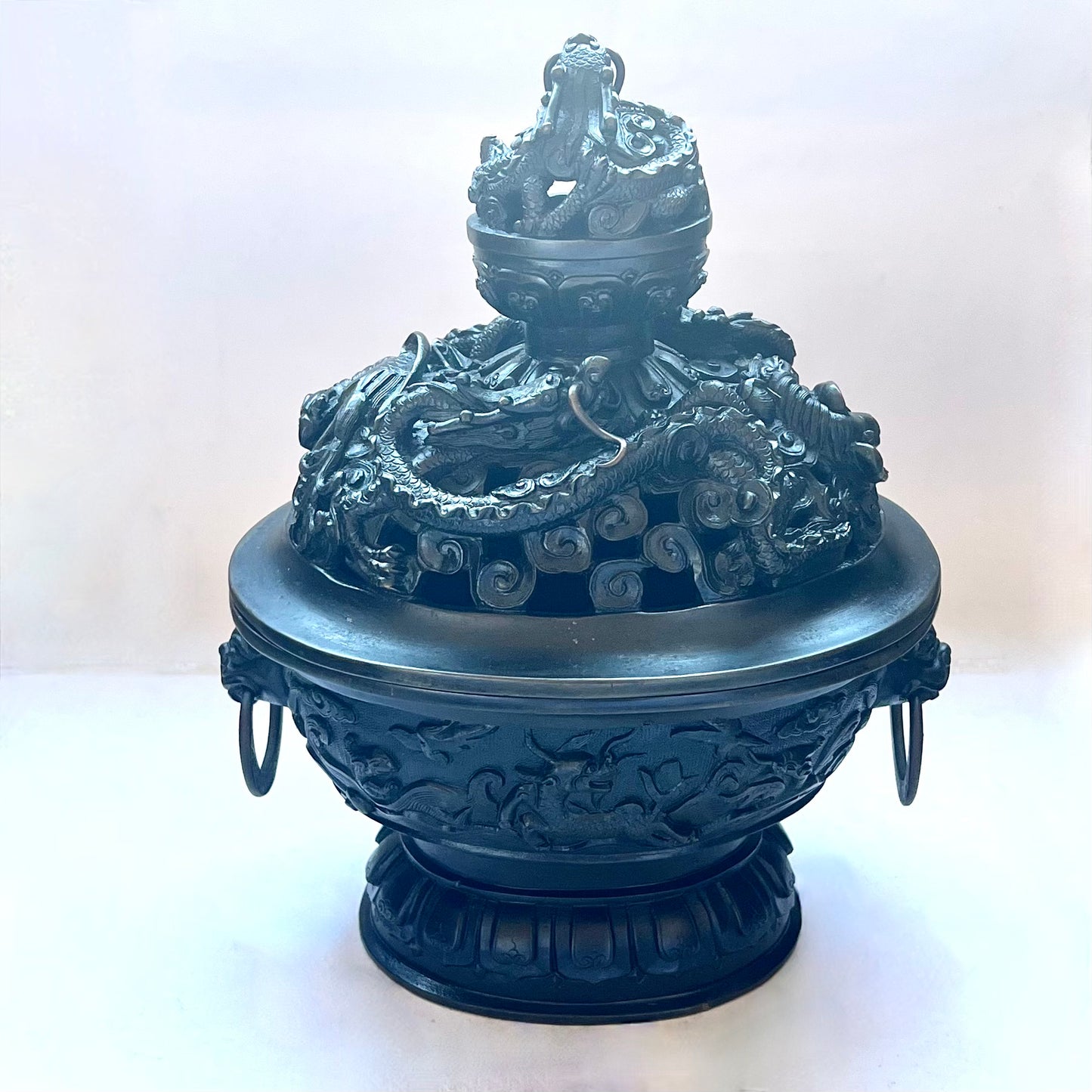 Large and substantial vintage near antique Dragon and Phoenix Chinese bronze censer, likely early to mid 20th century