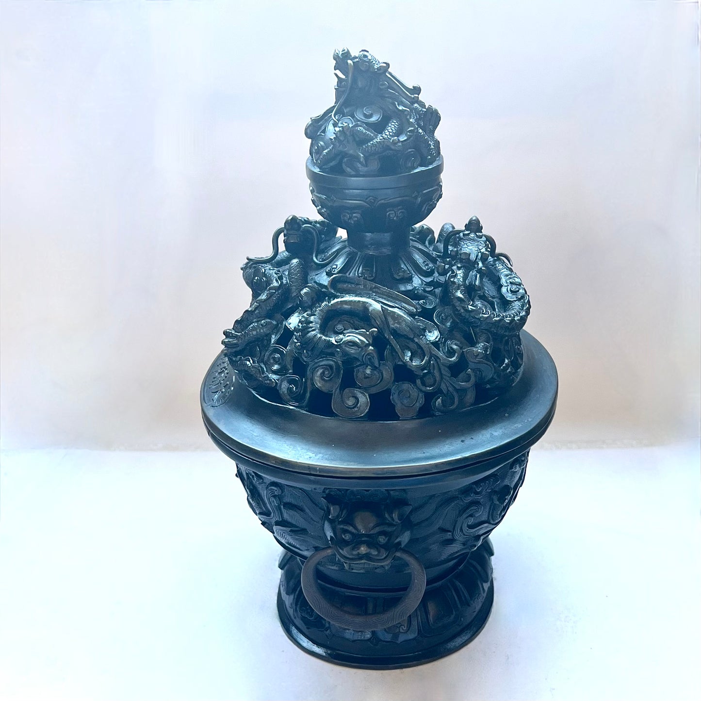 Large and substantial vintage near antique Dragon and Phoenix Chinese bronze censer, likely early to mid 20th century