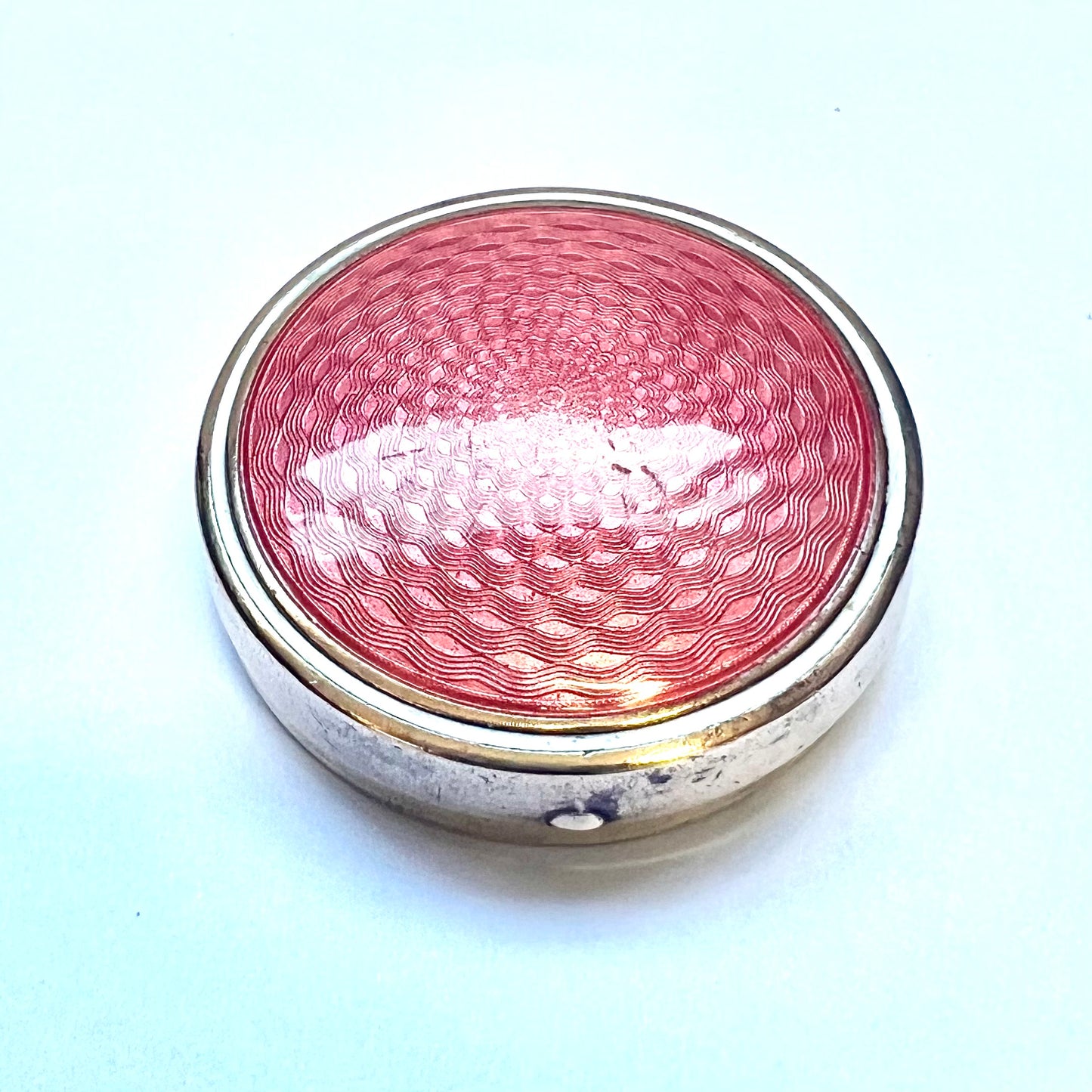 Vintage French Art Deco Houbigant red guilloché enamel and brass pressed powder compact