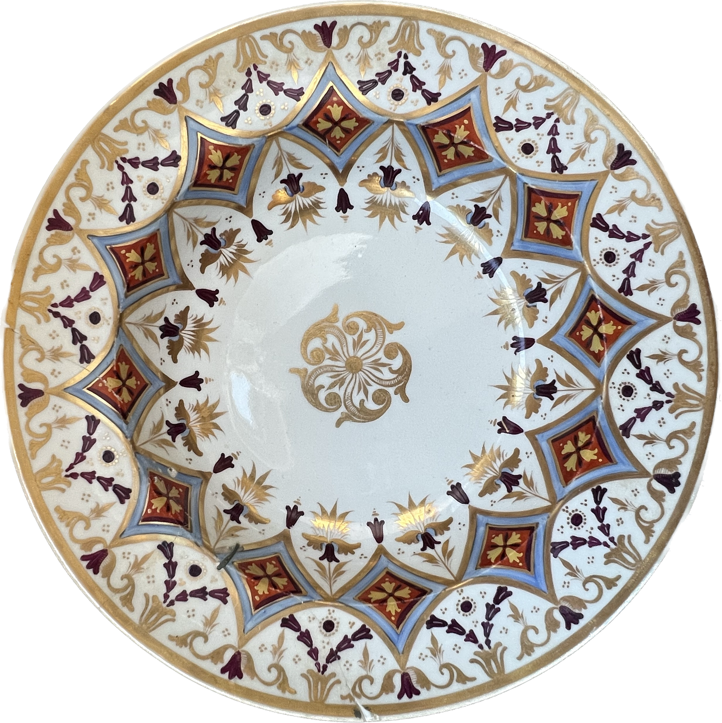 Exceptional late 18th Century Derby Soup Plate with Unusual Motifs, Historic Staple Repairs