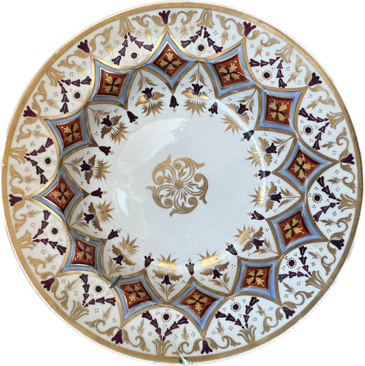 Exceptional late 18th Century Derby Soup Plate with Unusual Motifs, Historic Staple Repairs