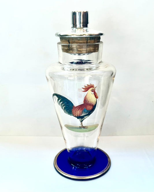 Art Deco hand-enamelled rooster or cockerel crystal and silver-plated cocktail shaker