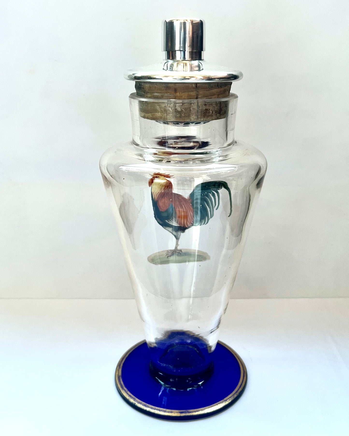 Art Deco hand-enamelled rooster or cockerel crystal and silver-plated cocktail shaker