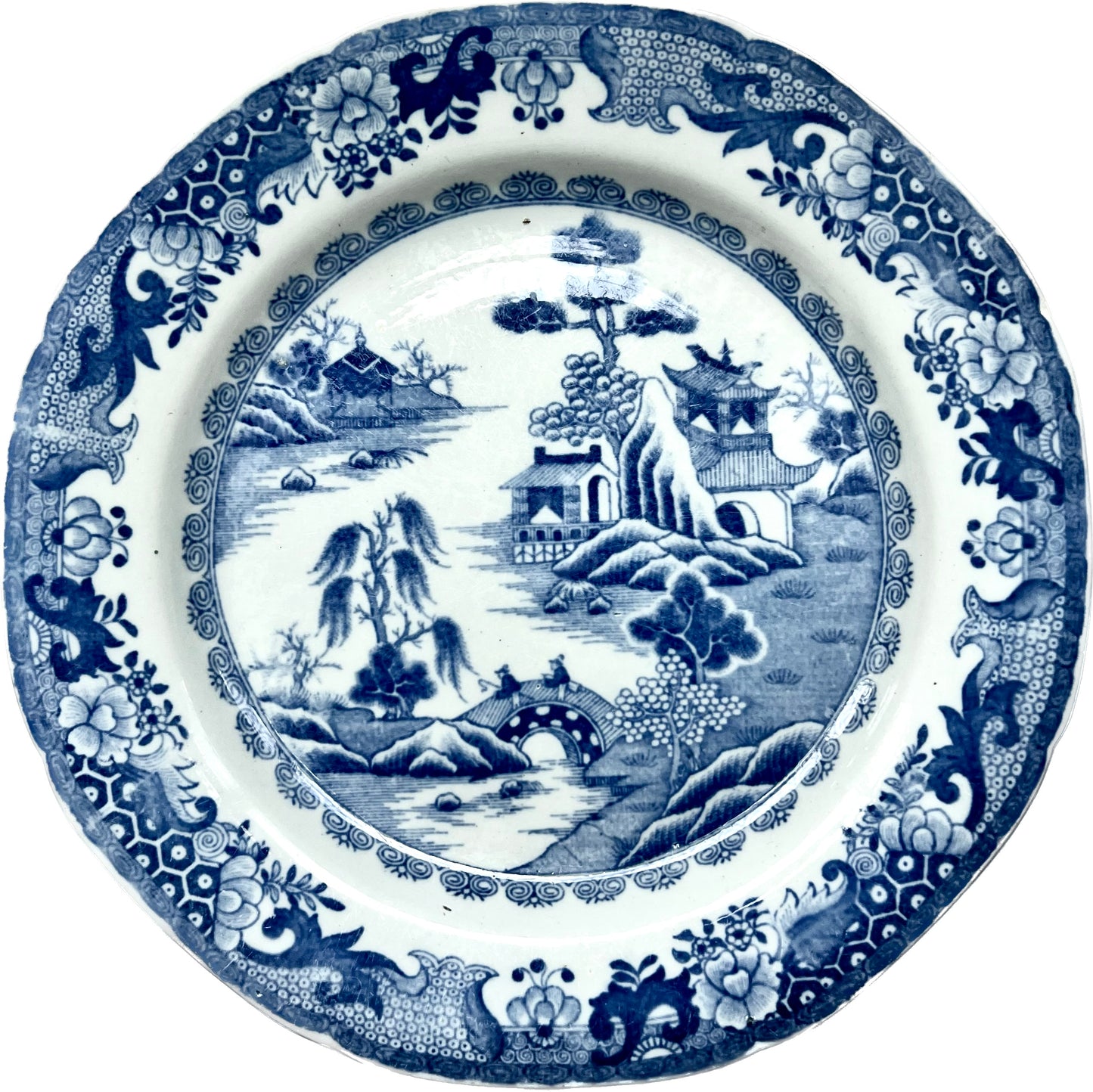 Antique early 19th century English Blue Willow pattern plate, Turner Willow, early Staffordshire