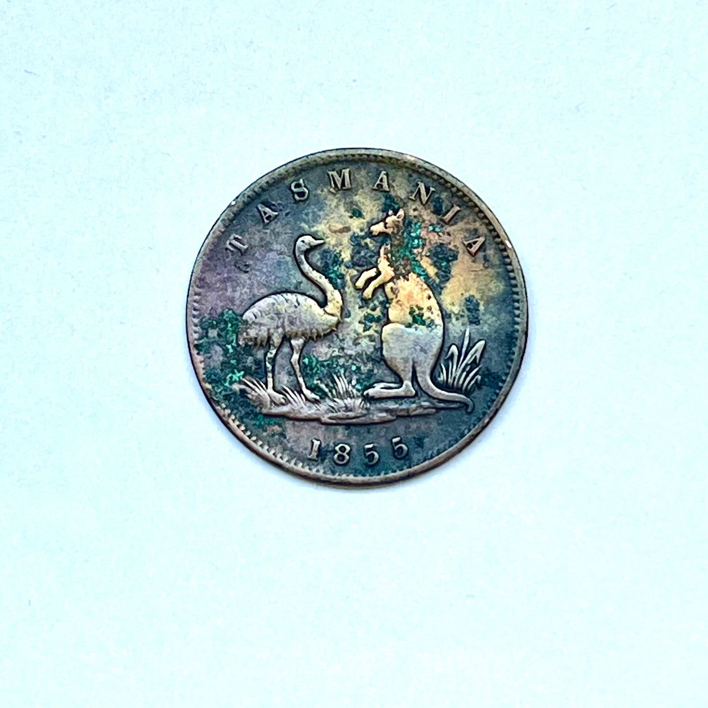 罕见的 19 世纪中期早期澳大利亚半便士商店代币，属于霍巴特镇利物浦街的刘易斯·亚伯拉罕斯·德雷珀 (Lewis Abrahams Draper)，日期为 1855 年。