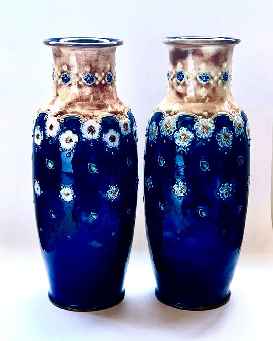 Early 20th century Victorian/Edwardian to Art Nouveau Doulton Lambeth stoneware vases by senior ceramic artist Maud Bowden circa 1900s to 1920s