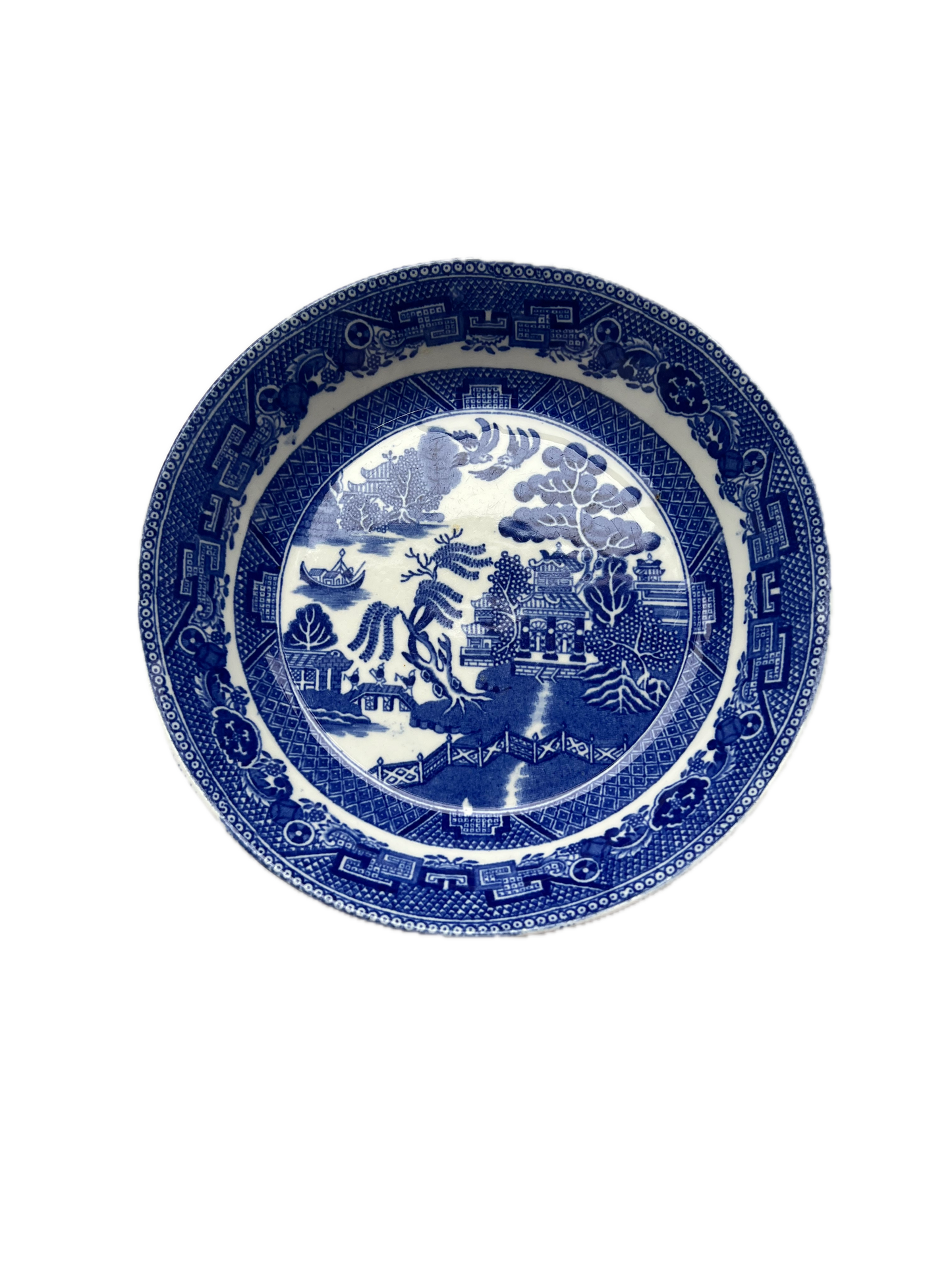 Antique early English Blue Willow pattern plate w gilt details, circa 1850. Wedgwood