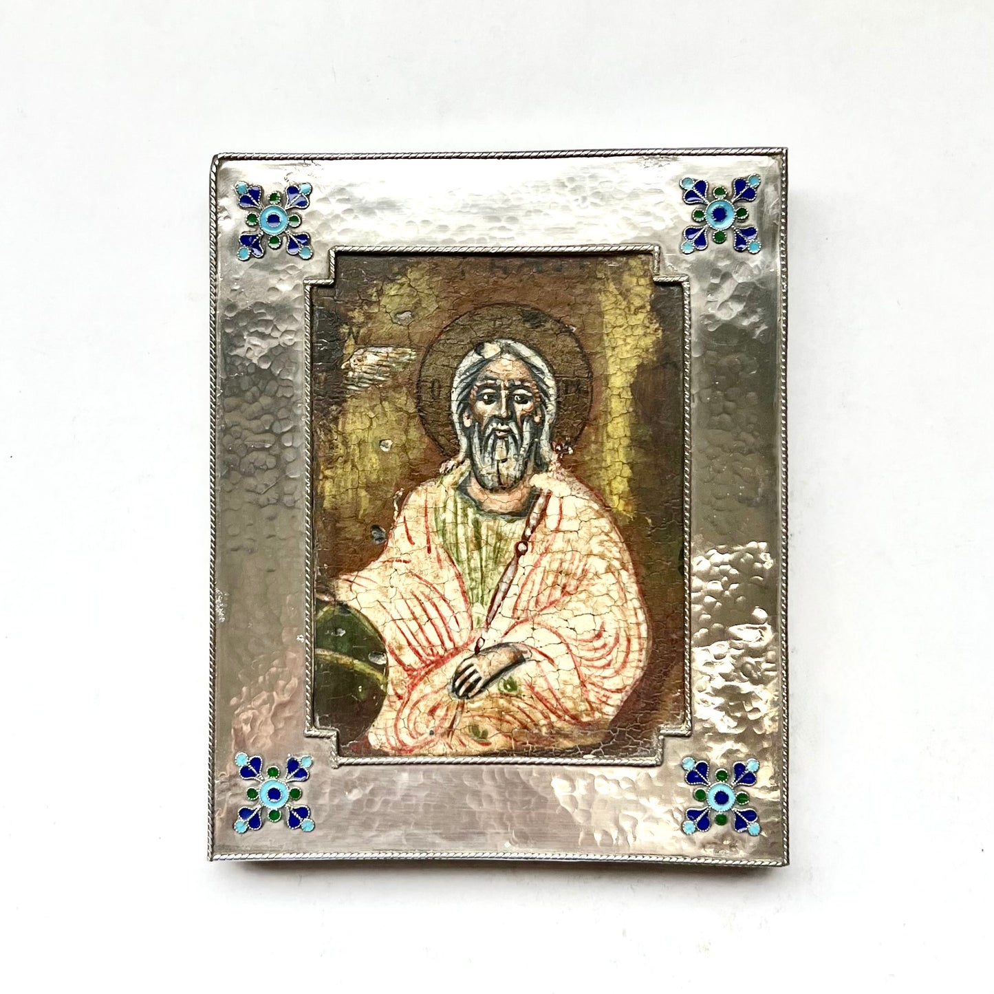 20 世纪早期欧洲精美绘制的东正教圣人圣像，带有手工锤制的 950 银边框