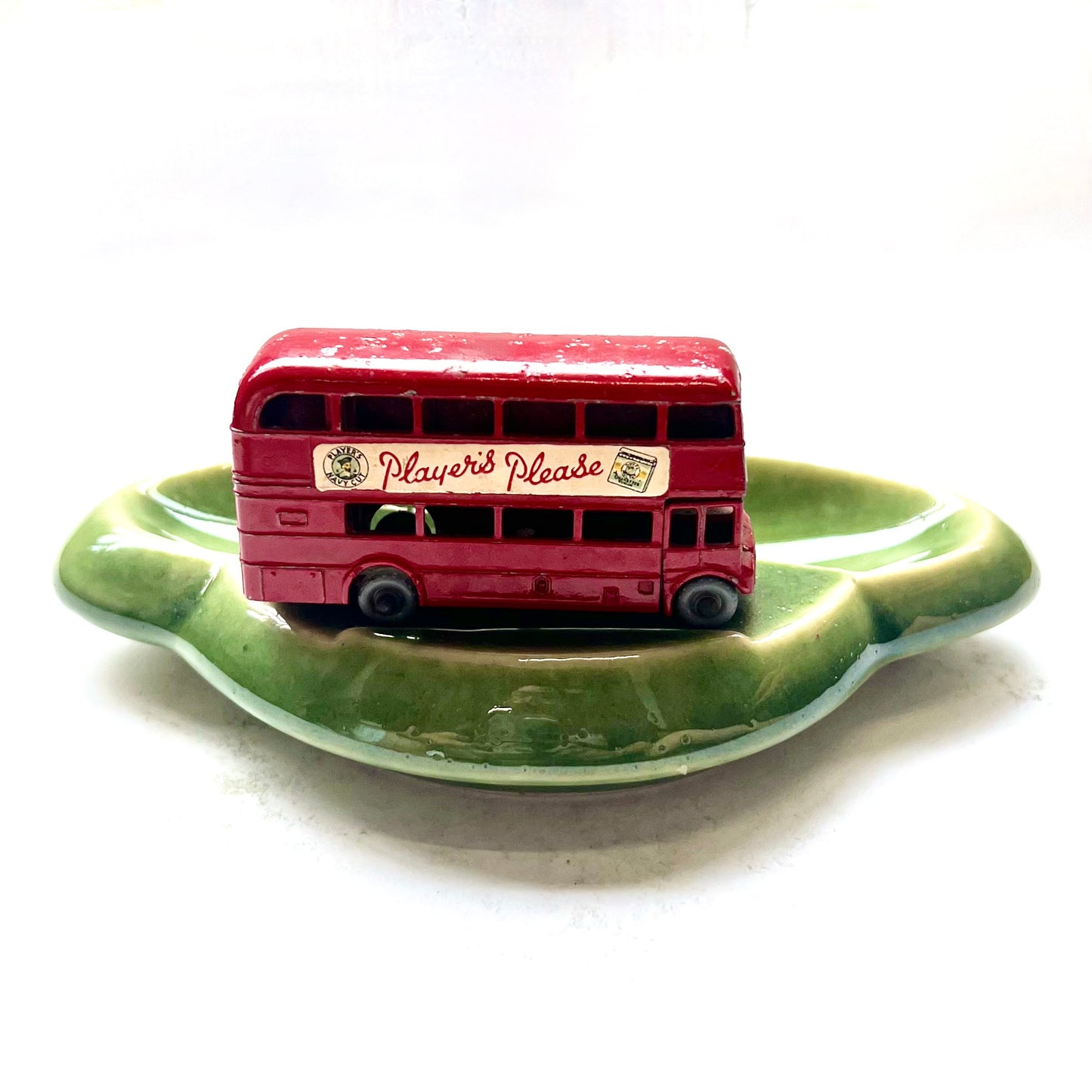 Scarce Vintage Wade of England ceramic ashtray with cast iron London double decker bus, Player's Tobacco, circa 1940s