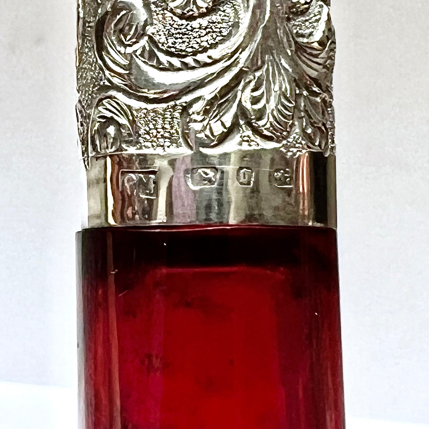 Antique Victorian ruby glass and sterling silver scent bottle, Birmingham 1888, CC May and Sons (Charles May)