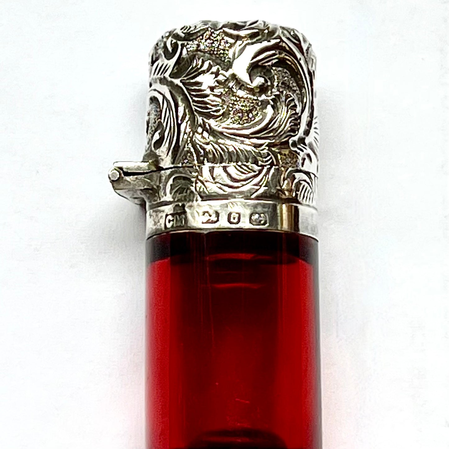 Antique Victorian ruby glass and sterling silver scent bottle, Birmingham 1888, CC May and Sons (Charles May)