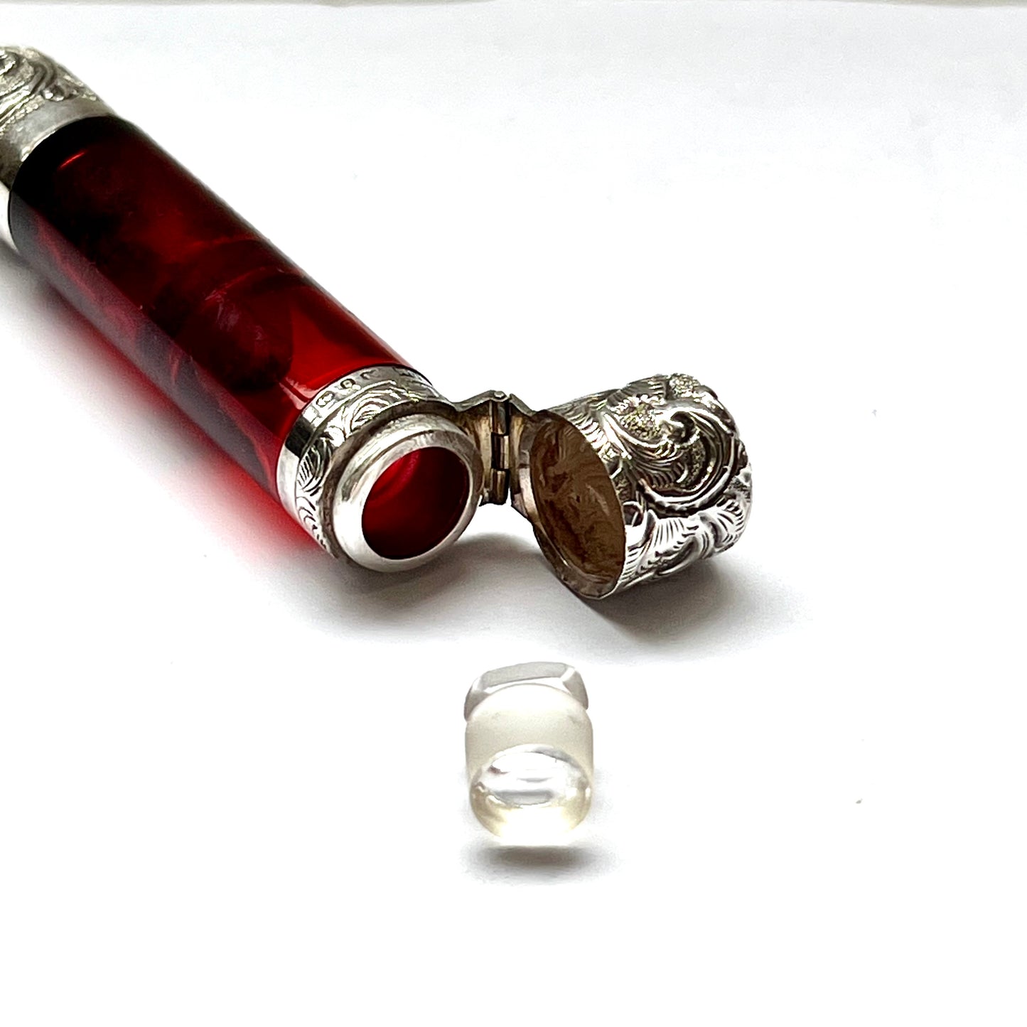 Antique Victorian ruby glass and sterling silver scent bottle, Birmingham 1888, CC May and Sons (Charles May)