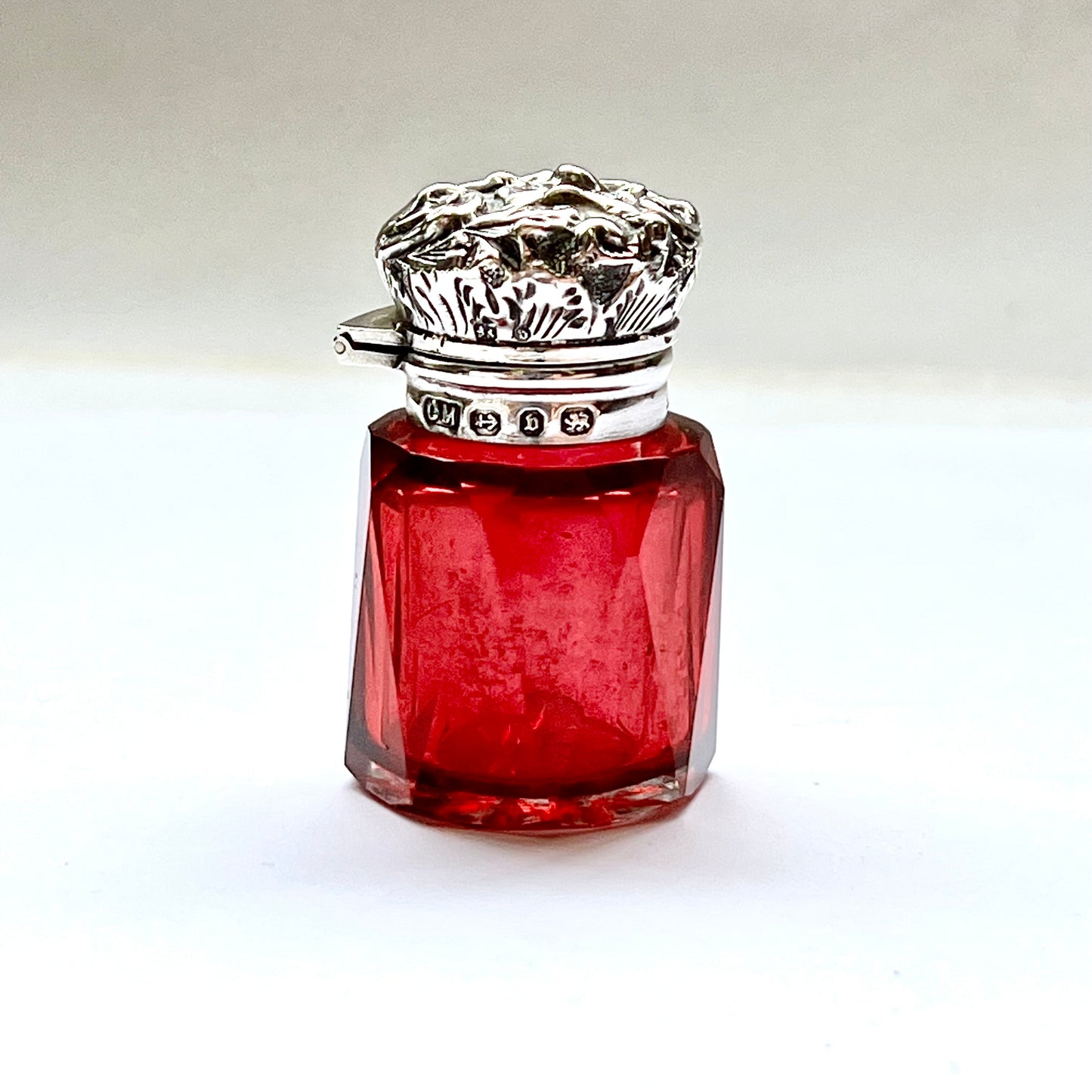 Antique Victorian ruby glass and sterling silver scent bottle, Birmingham 1878, CC May and Sons (Charles May)