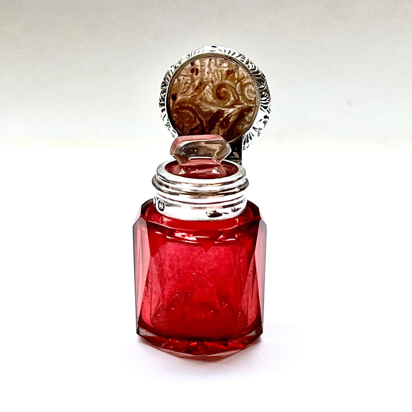 Antique Victorian ruby glass and sterling silver scent bottle, Birmingham 1878, CC May and Sons (Charles May)