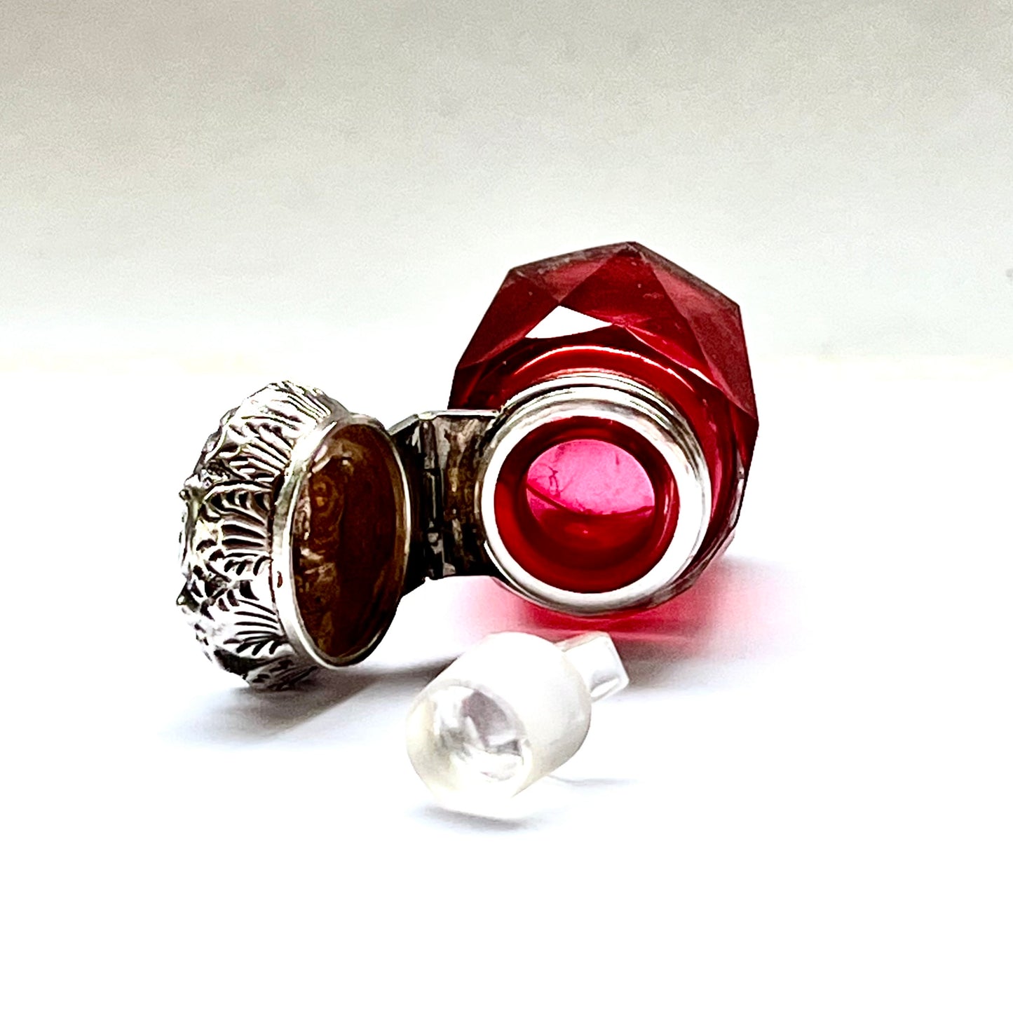 Antique Victorian ruby glass and sterling silver scent bottle, Birmingham 1878, CC May and Sons (Charles May)