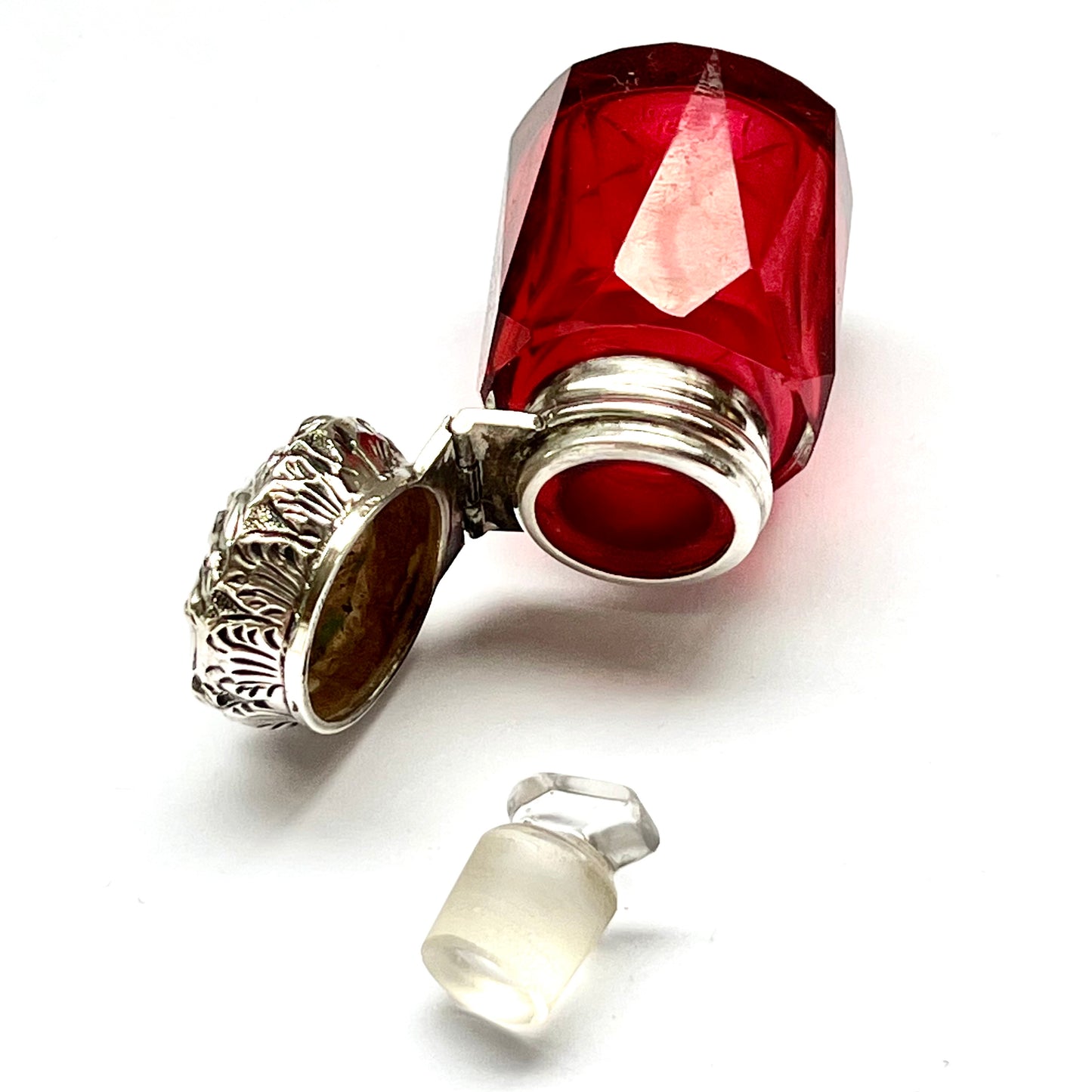 Antique Victorian ruby glass and sterling silver scent bottle, Birmingham 1878, CC May and Sons (Charles May)