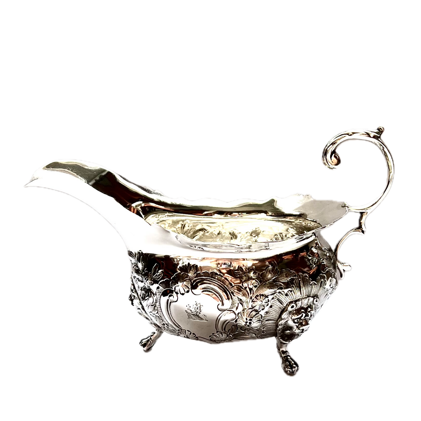 Substantial early Victorian crested sterling silver gravy or sauce boat. John Wellby, London, 1843